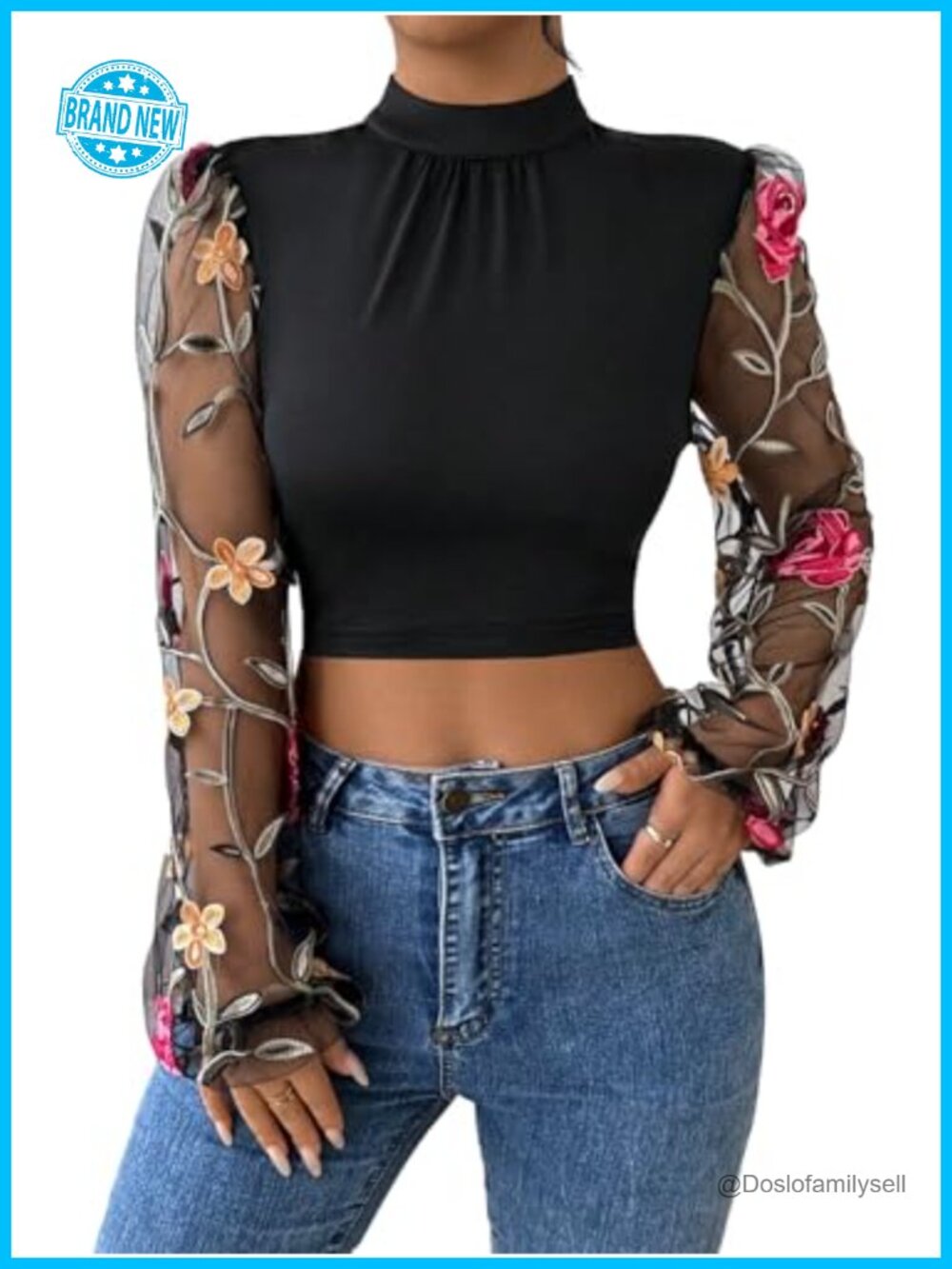 Women's Floral Embroidery Sheer Mesh Long Sleeve Crop Top